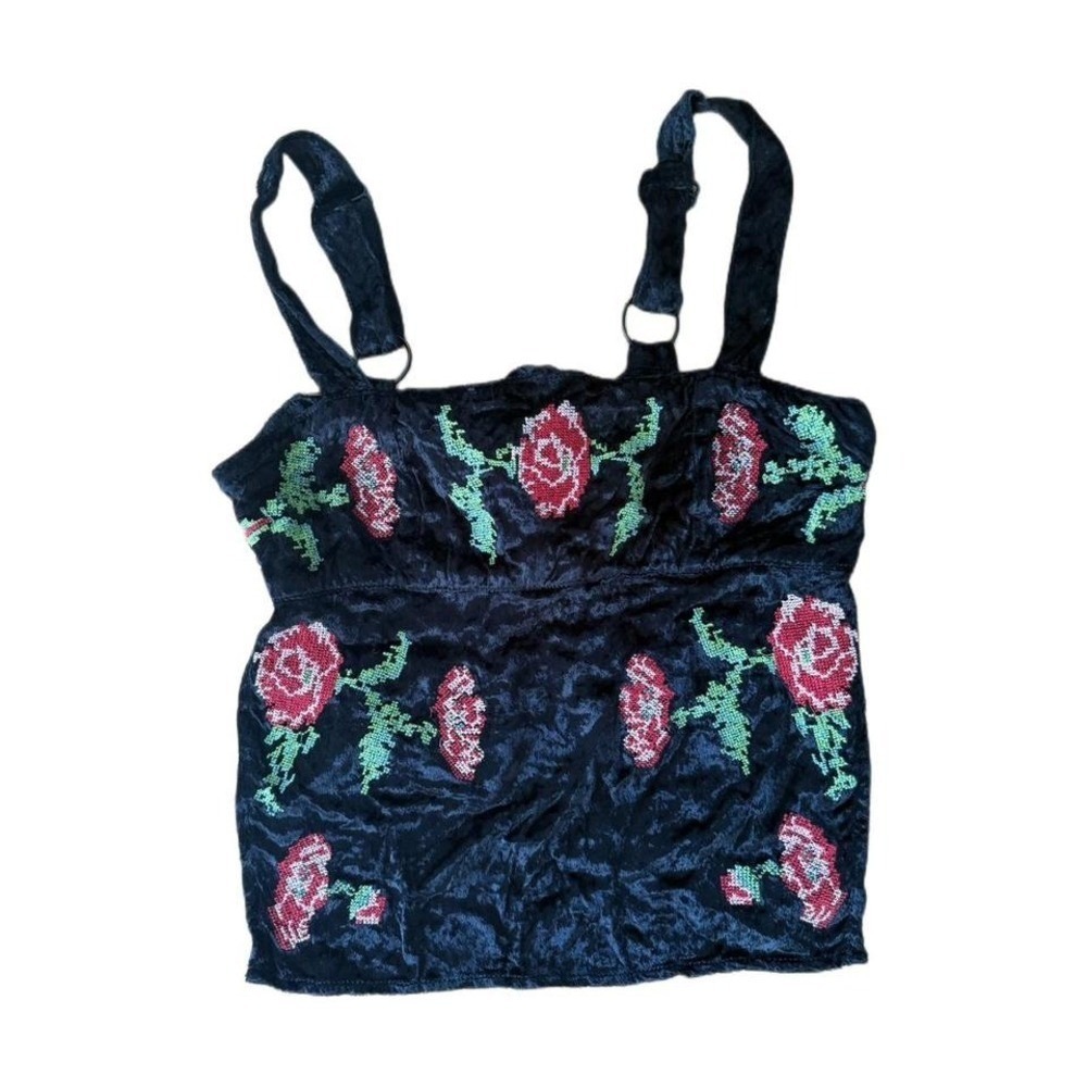Kimchi Blue Black Crushed Velvet Embroidered Rose Tie Back Crop Top Size Small
